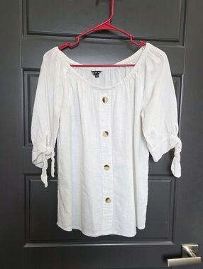 White Button-Front Peasant Top with Tie Sleeves